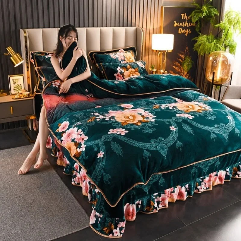 2025 new thickened milk fleece four-piece warm fleece double-sided quilt cover winter coral fleece high-end bed skirt