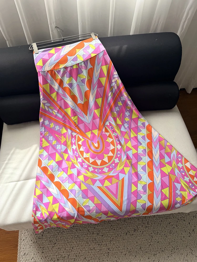Summer Fashion Beach Style Vintage Pattern Printing Long Skirt Women's Party Resort High Waist Side Zippers Slim A-Line Skirt