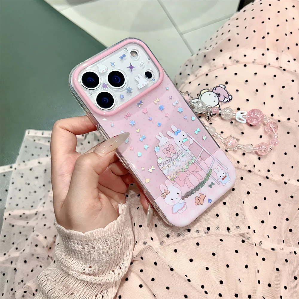 

Korean Cute Star Bow Strawberry Miffy Rabbit Kawaii Phone Case with Chain Cover for iPhone 15 Pro Max 14 13 16 Pro 17 Pro Cases