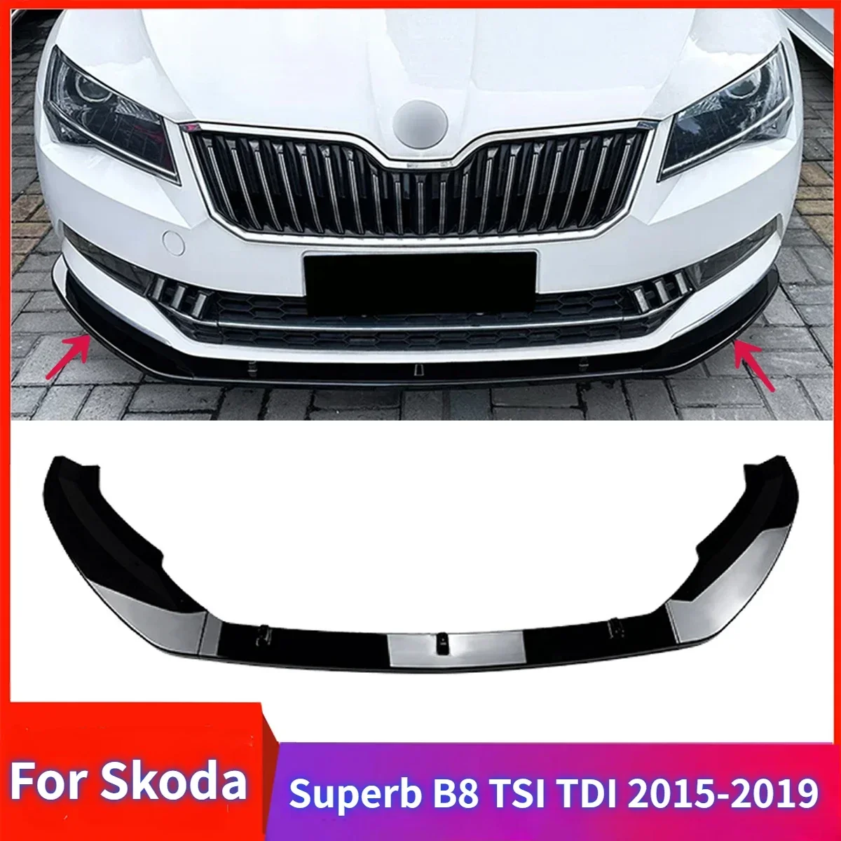 3Pcs Car Front Bumper Lip for Skoda Superb B8 TSI TDI 2015-2019 Spoiler Splitter PRE-Lci Diffuser Body Kits Tuning Accessories