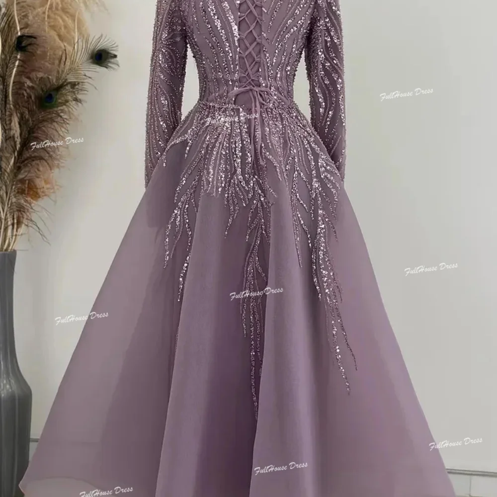 Customized High Neck Organza A-line Lace up Back Beading Dreap Evening Dress Long Sleeve Luxury Long Party Dress for Women