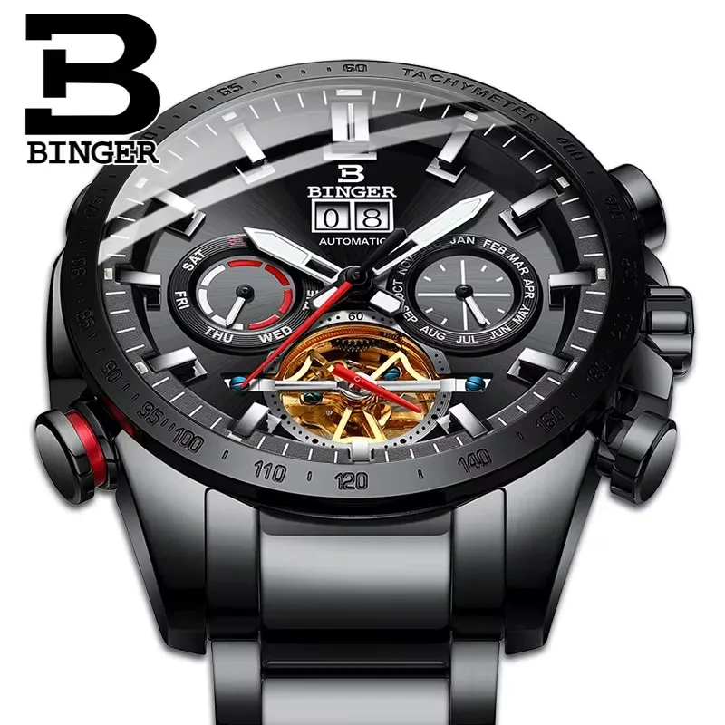 Original Luxury Switzerland BINGER Brand Watch Men automatic mechanical Luminous waterproof cool sports Full steel male fashion