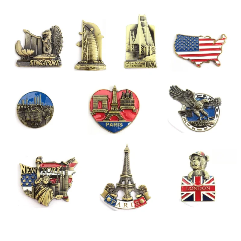 3D Metal Fridge Magnets France Paris USA Roma Singapore Dubai Scenic Tourism Souvenir