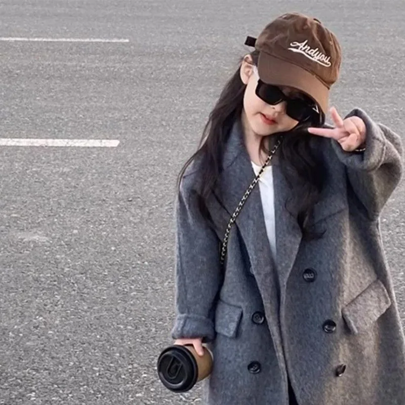 Girls' Medium and Long Trench Coat 2024 Autumn and Winter Korean Lapel Fashion Coat Children Thickened Double-sided Tweed Coat