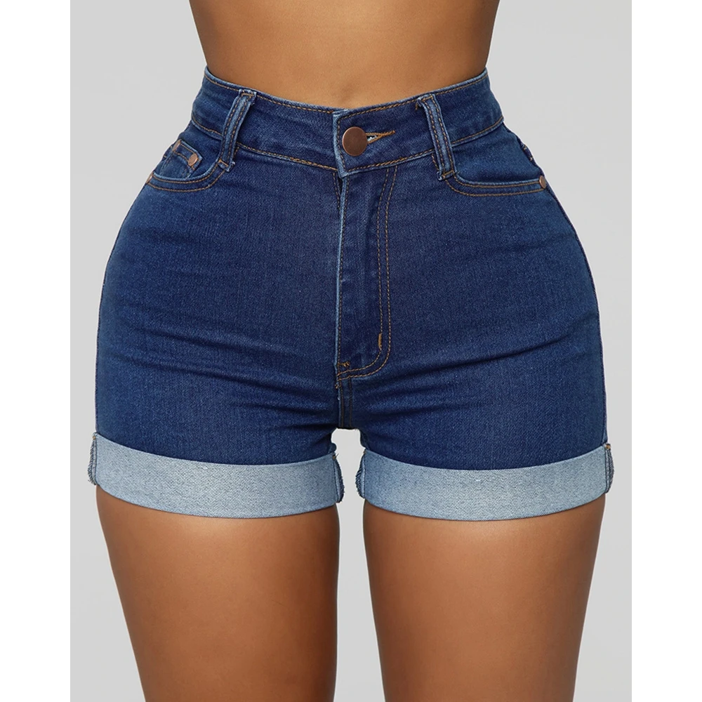 Design de bolso lavado feminino shorts jeans, shorts femininos casuais, jeans com bainha com algema, calça curta quente, streetwear, verão