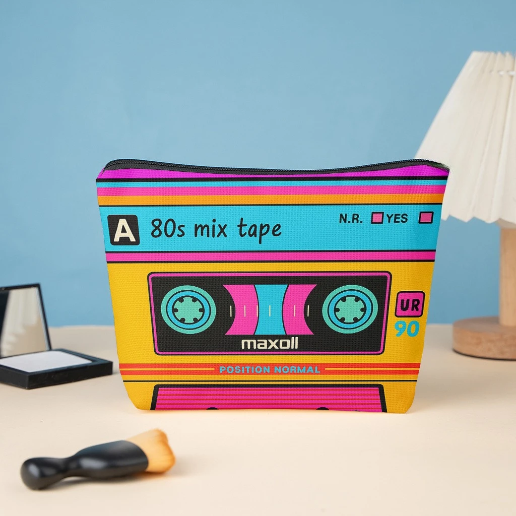 1pc Retro 80s Mix Tape Zippered Wallet & Cosmetic Bag - Double-Sided Vintage Cassette Tape Design