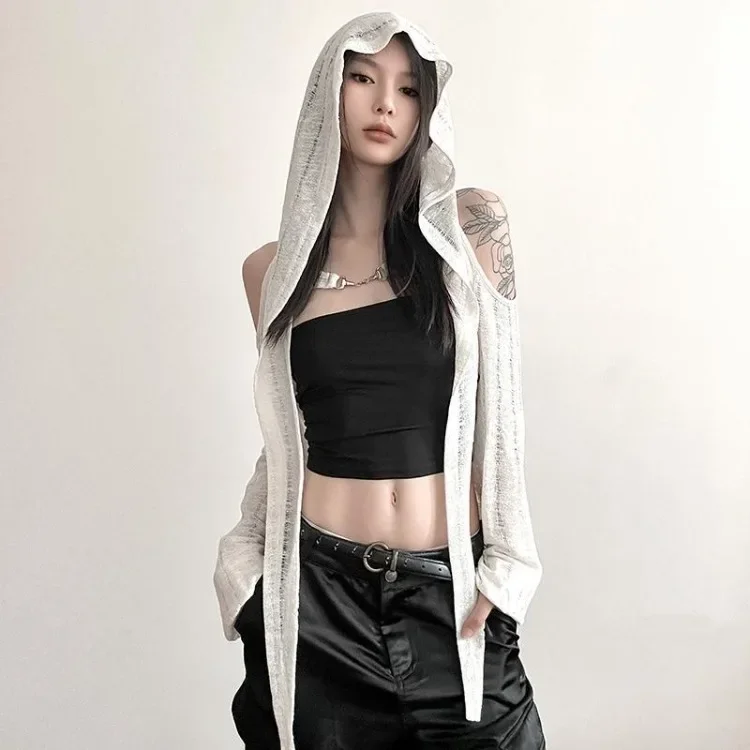 

American Street Hoodie Tops Women Summer New Long Sleeve Hollow Out T-shirts Y2k Grunge Slim Fit All-match Black Tee Shirt