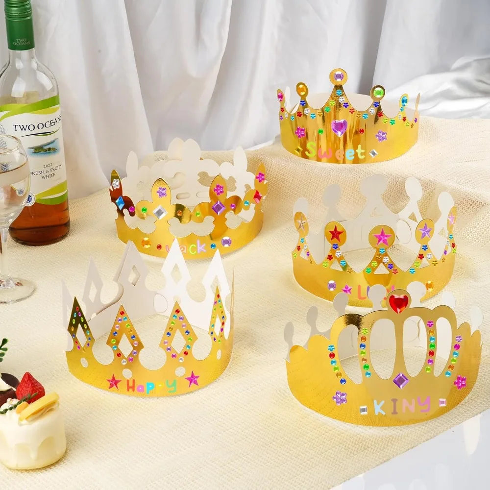 Kids King Princess Paper Crowns 15 Pieces Gold Tone, Comes with Gem Alphabet Number Stickers, DIY Accessory for Birthday, Classroom Craft and Party Decoration view 4