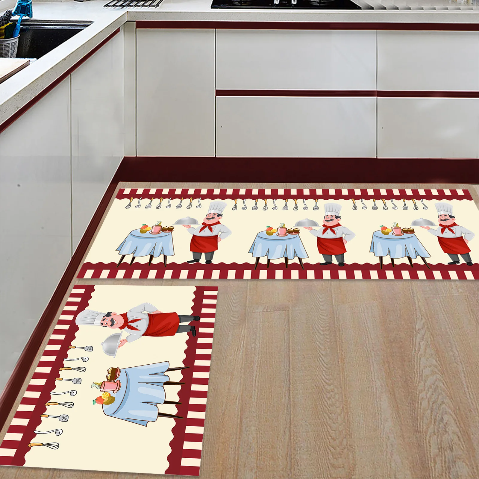 Red Kitchen Chef Carpet Knife and Fork Rug Balcony Living Room Home Decor Entrance Door Mat Kitchen Bedroom Bathroom Carpets 1PC