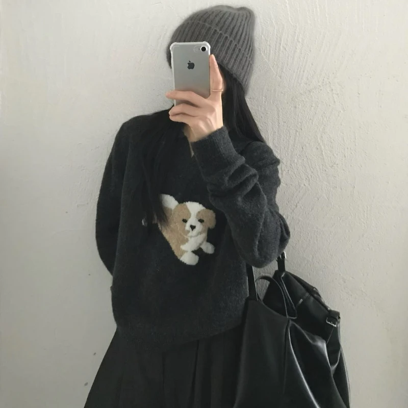 

Knitted Sweater Women Cartoon Puppy Turn Down Collar Early Autumn Loose Pullover Female Sweet Fashion Casual Jumper Knitwear Top