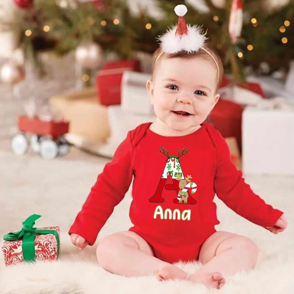 Personalised Initial with Name Baby Bodysuit Infant Christmas Party red cotton Outfit Newborn Jumpsuit Toddler Xmas Clothes Gift