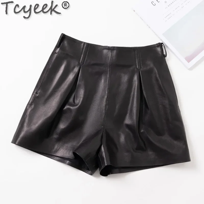 

Tcyeek Real Leather Shorts Women Autumn Leather Pants Female High Waisted Pants Top Layer Sheepskin Shorts for Women Clothing