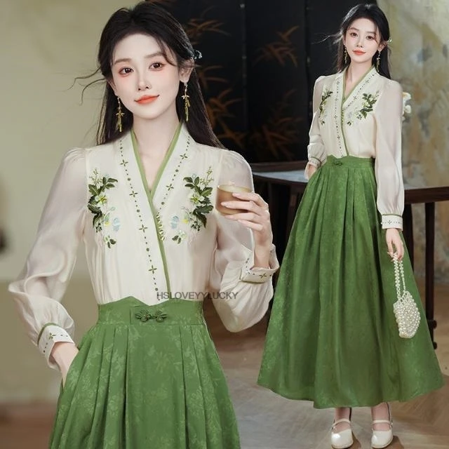 

New Chinese Style Diagonal v-neck Embroidered Improved Long Sleeved Top Ethnic Style Jacquard Skirt For Women Daily Hanfu