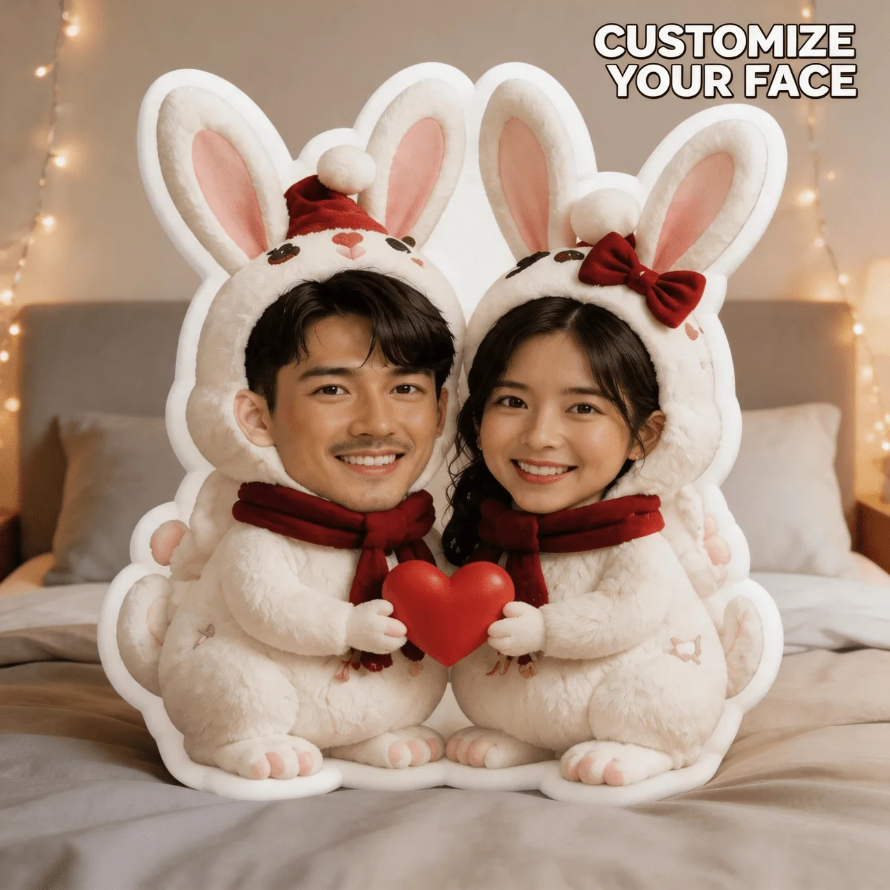 Custom Couple Photo Shaped Pillow, Personalized Face in Bunny Costume Holding Heart Decorative Cushion, Unique Home Decor Accent
