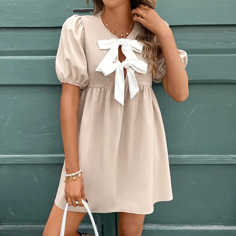 

2025 Summer Solid Hollow Out Bow Elegant Mini Dress Women Short Sleeve Patchwork Loose Casual Sweet Girls Street Dresses