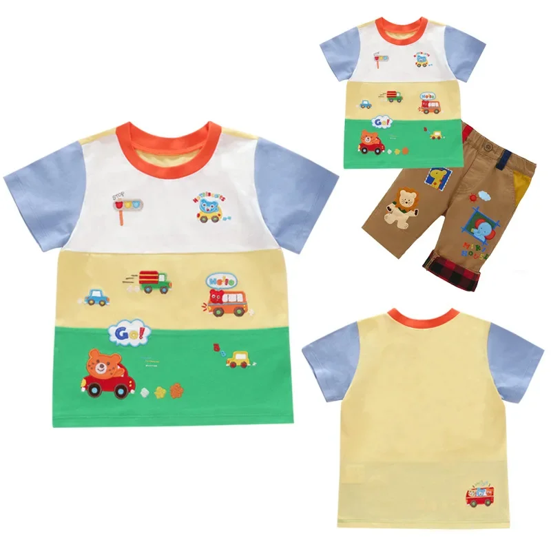 

Футболка с японским мультфильмом, милый красочный карманный медведь, автомобиль, вышивка, цветной топ с короткими рукавами для мальчиков