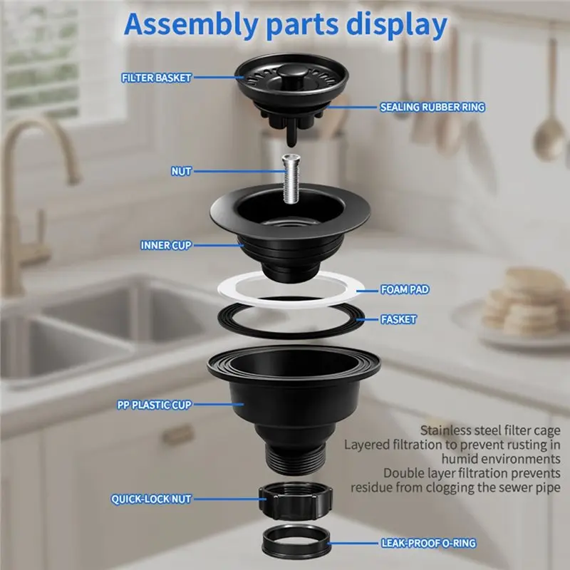 AWAH Stainless Steel Filtration Double Layer Drain Protection System For Standard 114Mm Kitchen Sink Openings
