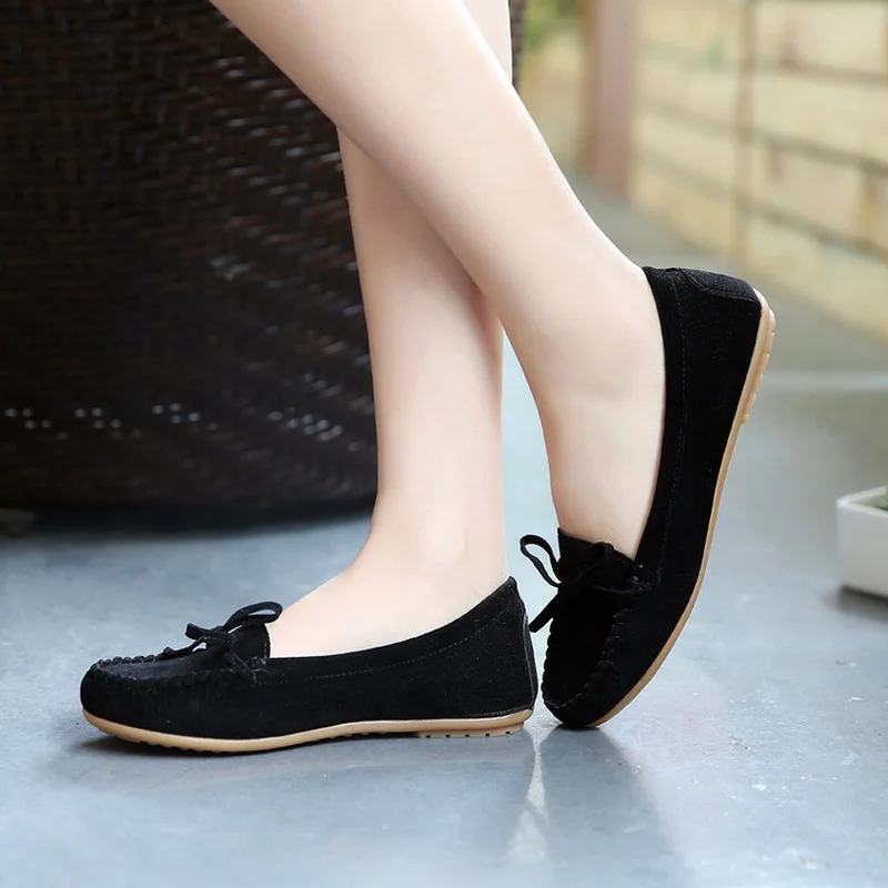 Women Shoes Spring 2022 Moccasin Loafers Luxury Flats Bow Tie Natural Soft Bottom Slip on Ladies Round Head Casual Slip-On Black