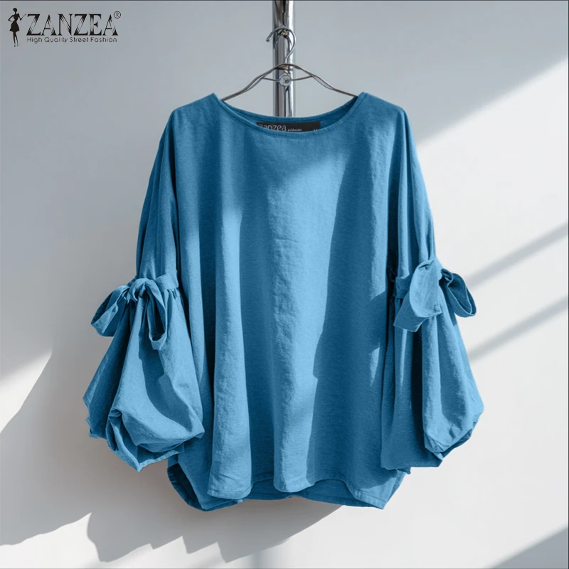 ZANZEA Fashion Women Blouse Long Lantern Sleeve Solid Shirts Elegant Office Lady Bow Top Spring Autumn Casual Loose Blusas Femme