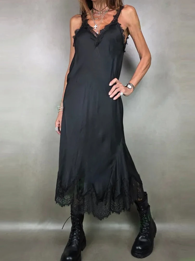 Fashion Backless Solid Color Party Dress Sexy Lace Patchwork Satin Suspender Dress Elegant V-neck Sleeveless Women's Long Dress