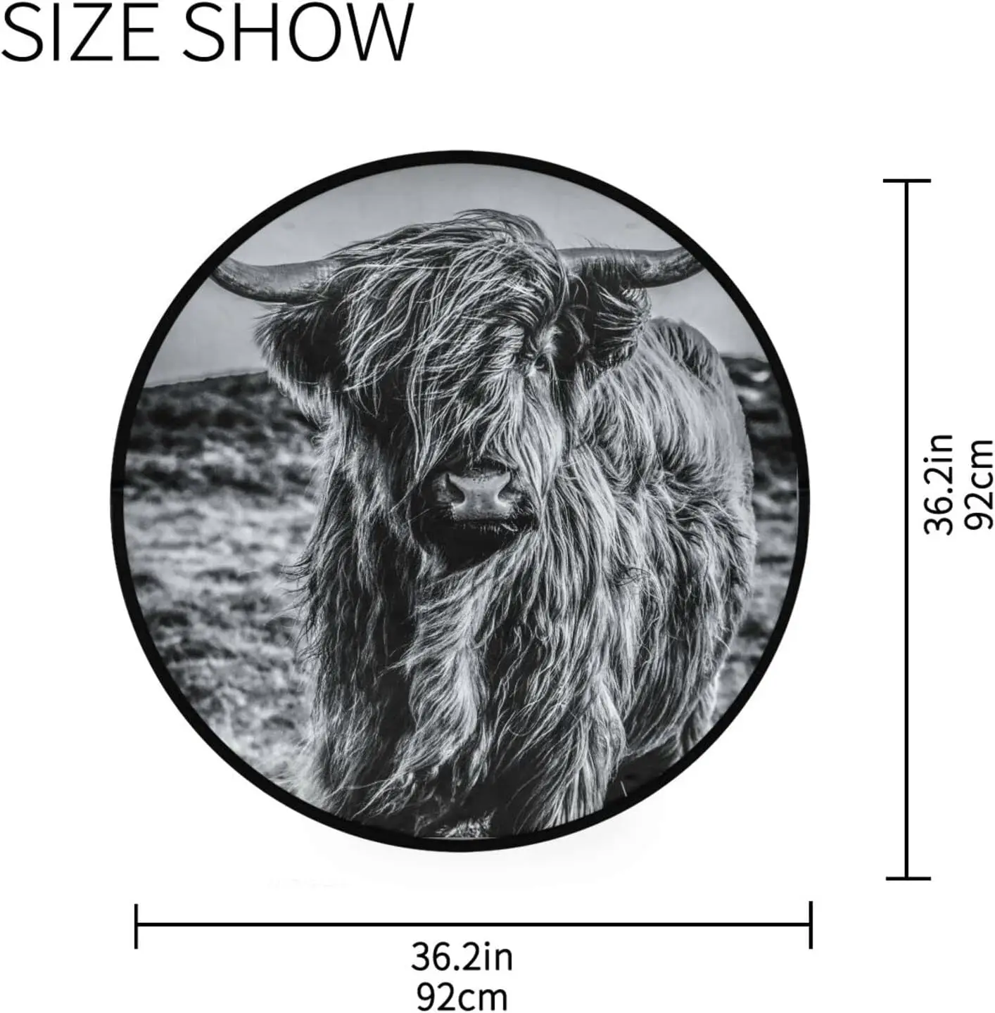 Highland Cow Portrait Round Rug Black and White Photorealistic for Modern Farmhouse