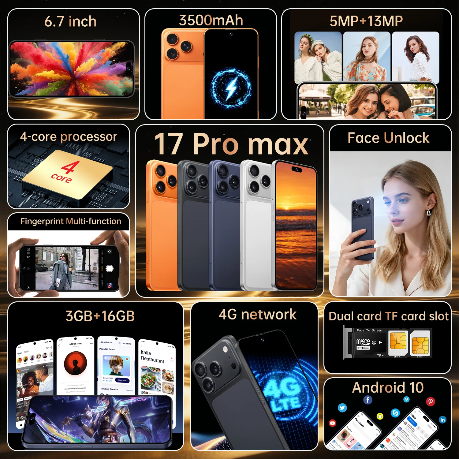IVMI Smartphone 17Pro Max Android10.0 Dual SIM 6.7"Display 3GB RAM 16GB ROM WIFI Bluetooth Google Play Store 4G Mobile Phones