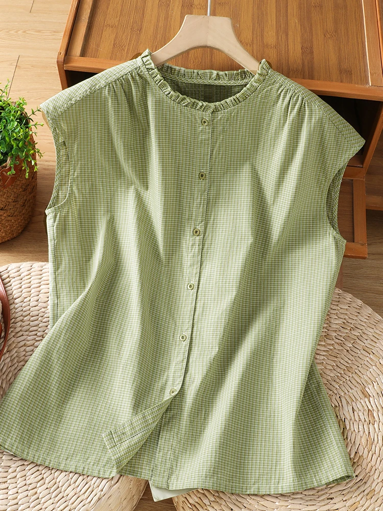 Camisa Retro Japonesa sin Mangas a Cuadros Verdes para Mujer, Chaleco de Verano con Volantes en el Bajo, Cuello Redondo, Holgado y Estilizador, Camisa Pequeña de Algodón y Lino