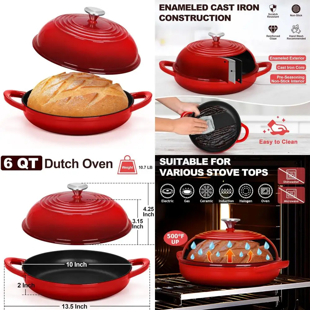 

Enameled Cast Iron Dutch Oven, 6 Quart, Perfect for Sourdough Bread Baking with Tall Dome Lid and Round Base Pan, Ideal for Baki