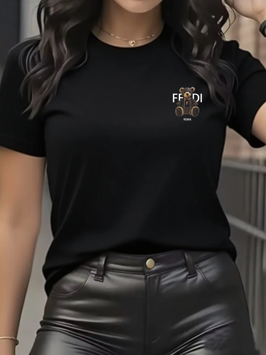 summer Graphic T-Shirt Short Sleeve Crew Neck with Soft Comfortable Spring Women's Light Blue Casual Teddy Bear