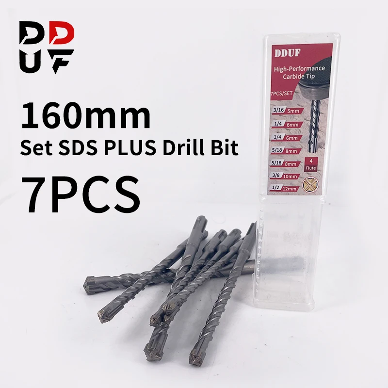 DDUF 7PCS SET 160mm SDS PLUS Shank Cross Drill Bit 5/6/6/8/8/10/12mm Hammer Masonry Bits for Cement Brick Block Wall