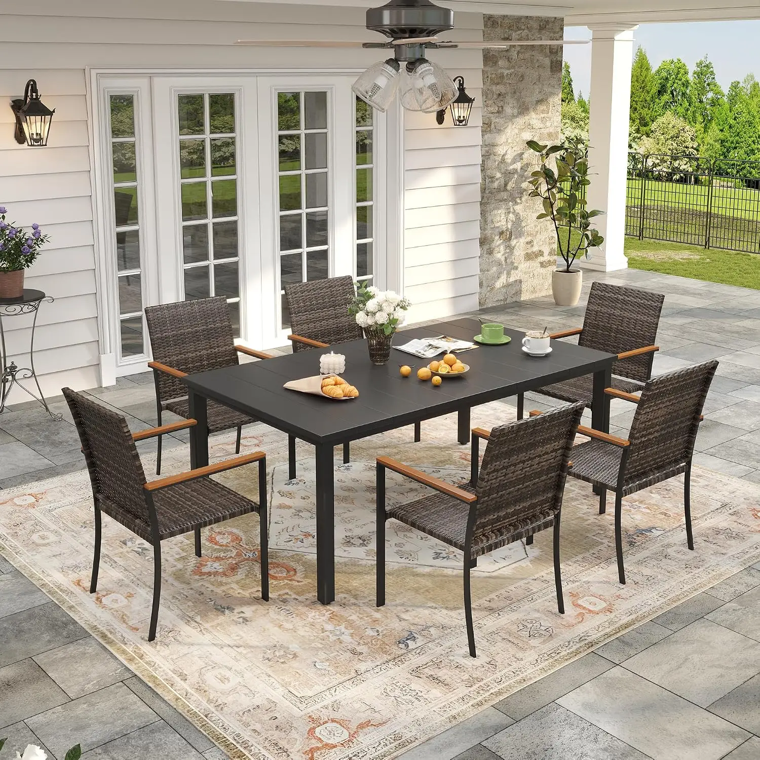Outdoor Rattan Dining Set for 6 with Black Table, Customized