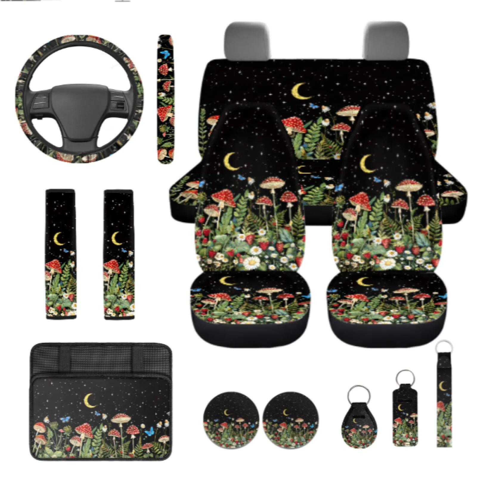 Coloranimal Mushroom Daisy 13-Piece Auto Interior Accessories with Reduce Damage Lipstick Cover and Armrest Pad for Most Cars