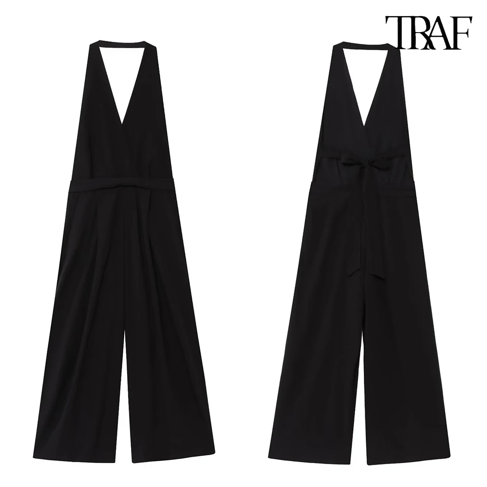 

TRAF Women's Hanging Neck Sexy Backless Jumpsuit Temperament Slim Wide Leg Loose Trousers Vintage Commuter Women's Clothing