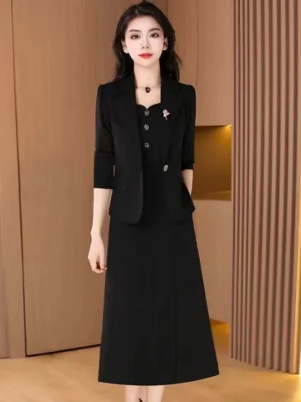 plus Size Slimming Black Suit Dress Two-Piece Set Long Sleeve Thin Style Autumn Fashion Korean Loose Fit High Waist A-Line Skirt