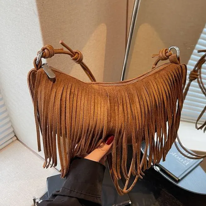 

JIAERDI Retro Fringe Solid Color Crossbody Bag Women Ethnic Style Large Capacity Saddle Bag Ladies Fashion Casual Shoulder Bags