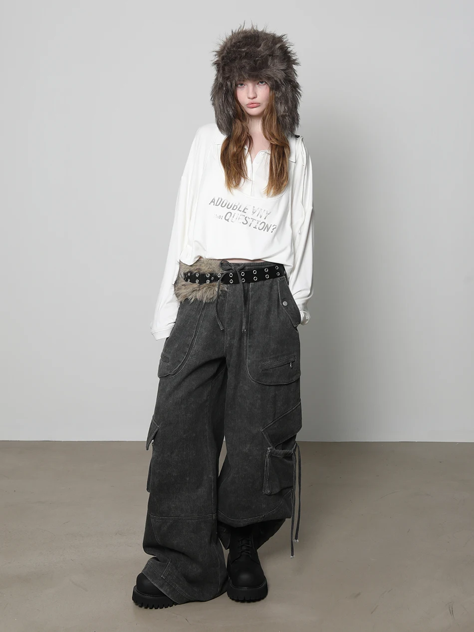 

Deep ey Waed Relaxed Fit Workwear Trousers 3D ket Structure Casual Pants for Women And ex Cotton Vintage Sle