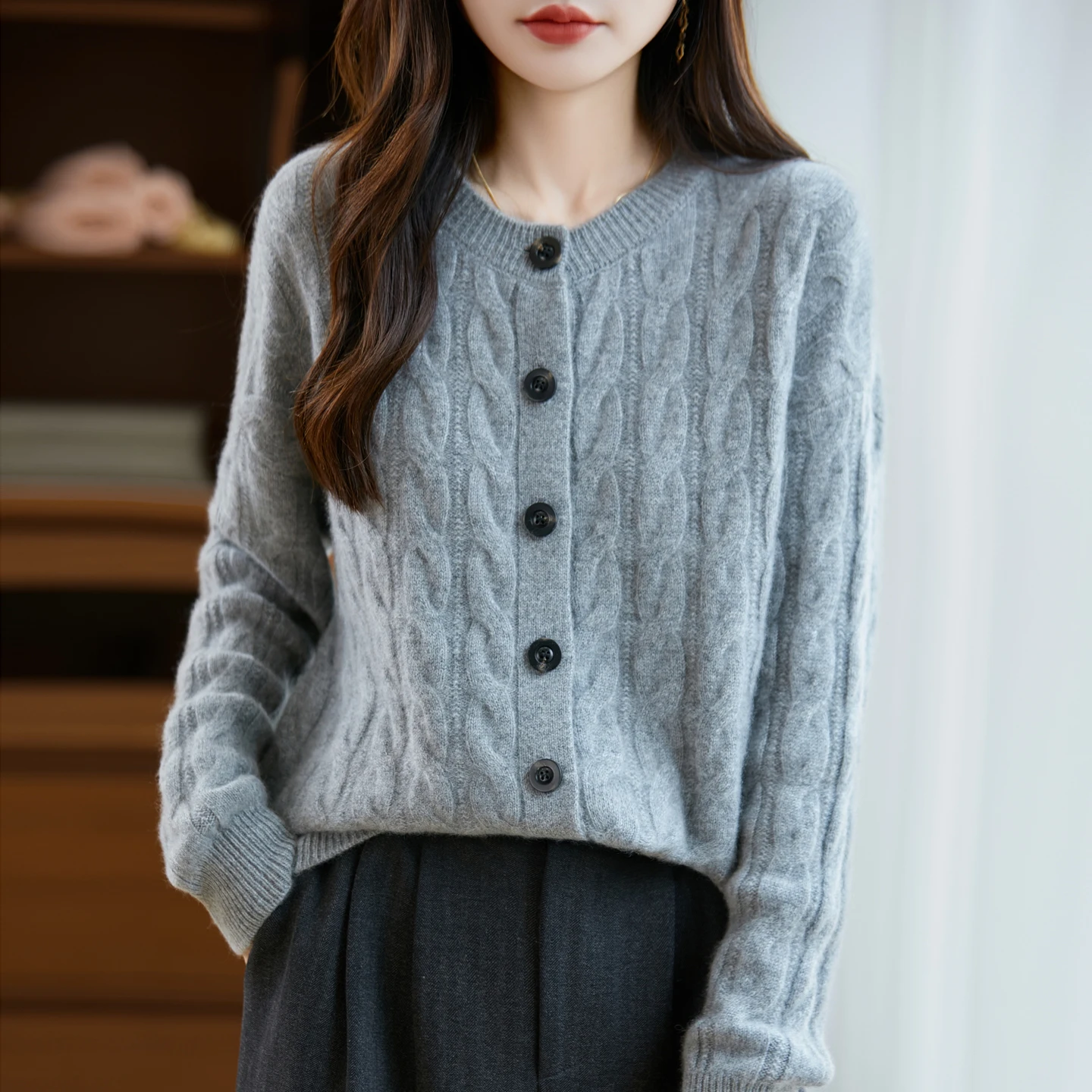 

Женский утолщенный вязаный кардиган из 100% мериносовой шерсти, осенне-зимний качественный кашемировый свитер с рукавами, толстые вязаные топы 2025