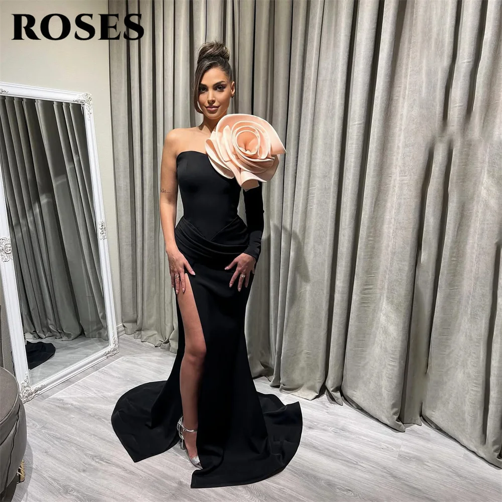 

Черное вечернее платье ROSES без бретелек, с крупным цветочным принтом, для выпускного вечера, с высоким разрезом на бедре, нарядное платье для женщин, на заказ