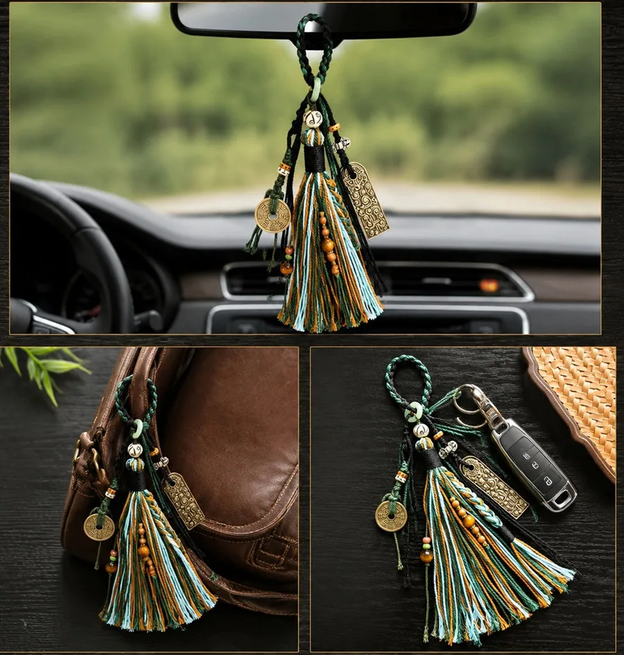 Tibetische Quaste mit Kupfermünzen und Perlen, Vajra-Stößel-Anhänger, gewebtes Lanyard, DIY-Schlüsselanhänger, Handyriemen, Taschen- und Auto-Hängeaccessoire – Detail 10