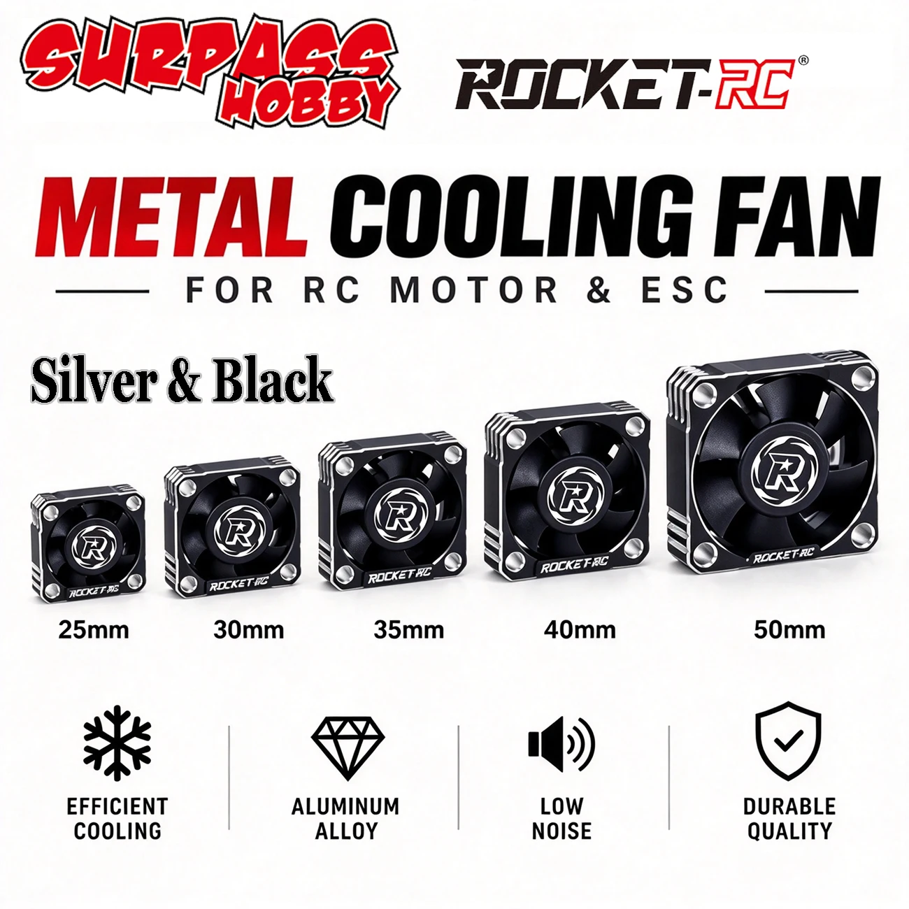 Surpass Hobby Rocket-RC 25/30/35/40/50mm Metal Heat Dissipation Cooling Fan with 30/40mm Carbon for 1/8 1/10 RC Car Motor ESC