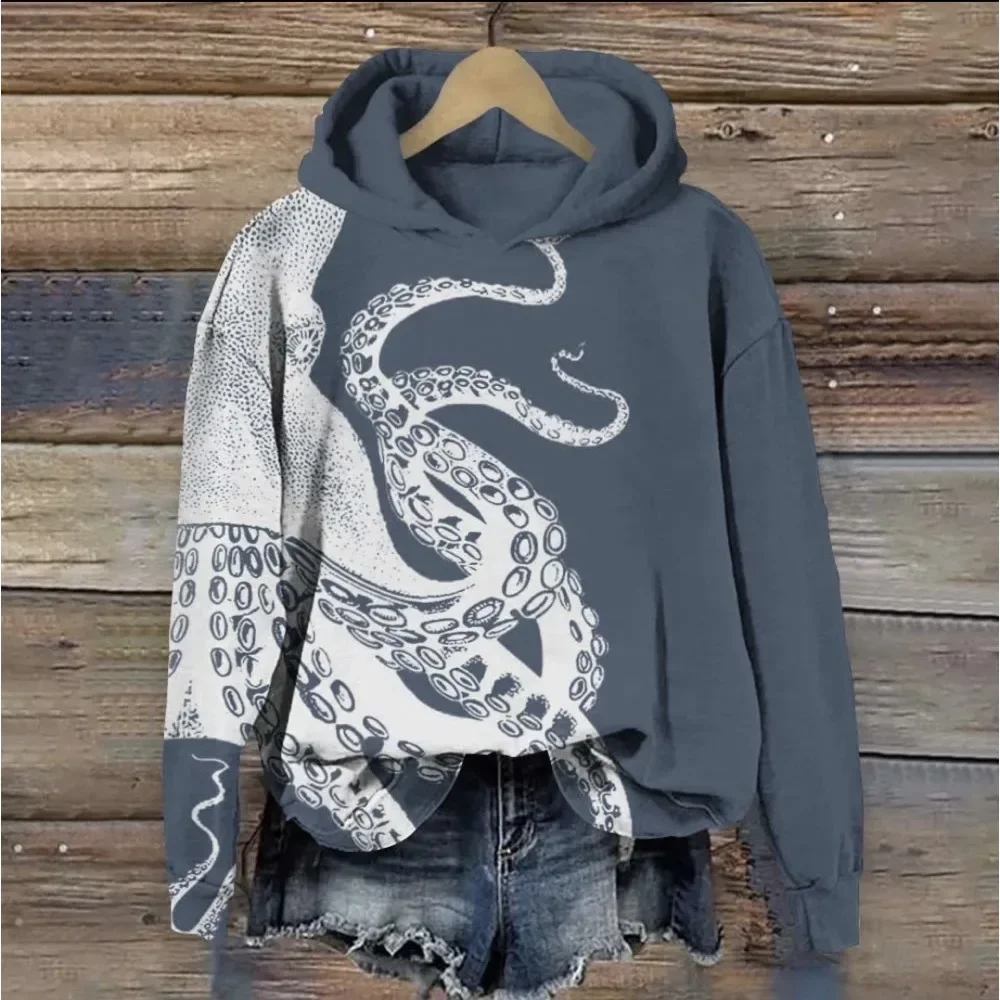 Sudadera con capucha con estampado de tentáculo de pulpos en contraste, sudaderas con capucha elegantes Harajuku para mujer, jersey informal de gran tamaño con tortuga marina, trajes de Anime, Tops