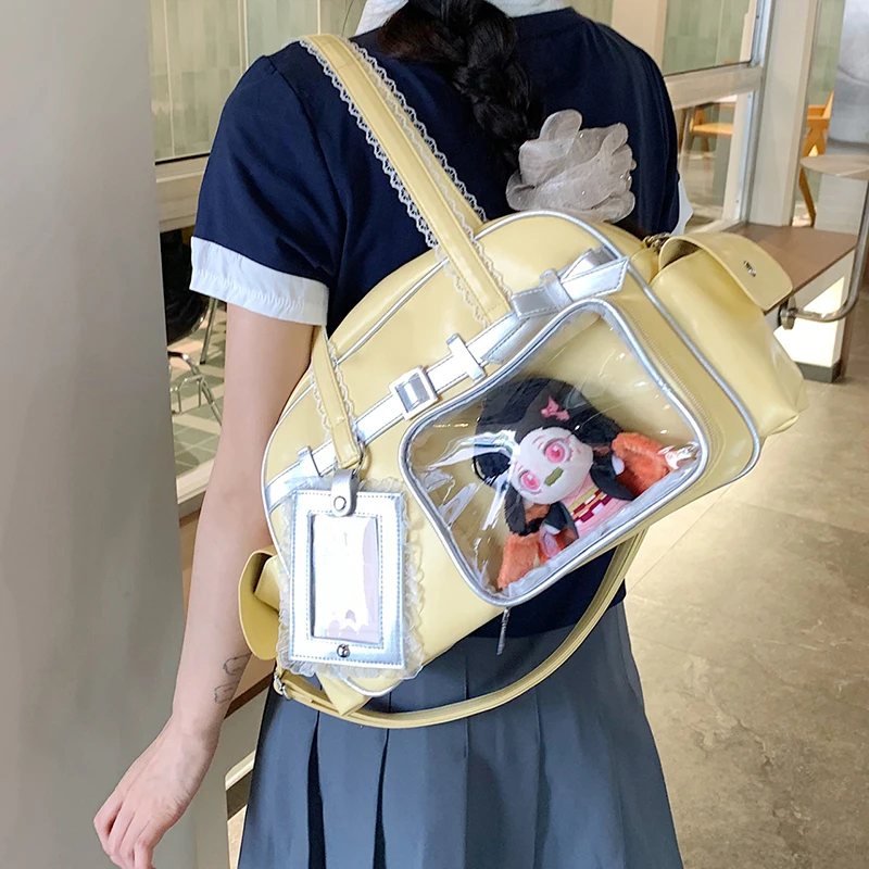 Japanese Cute Lace Trim Color-blocked Ita Bag Large Capacity Transparent Window Shoulder Bag Fangirl's Concert Tote Bag