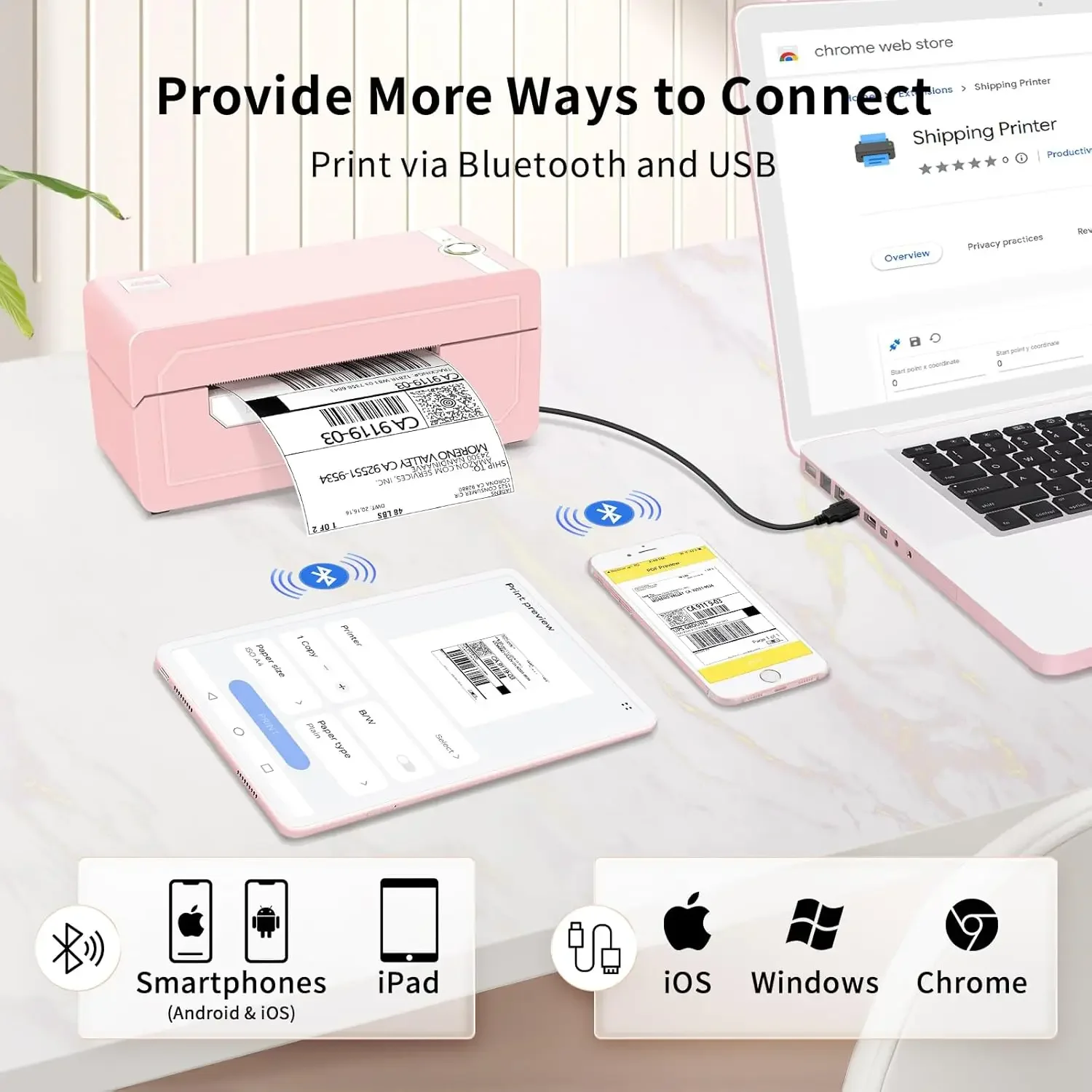 Pink Wireless Shipping Label Printer for Small Business & Packages, Compatible with iOS, Android, Mac, Windows