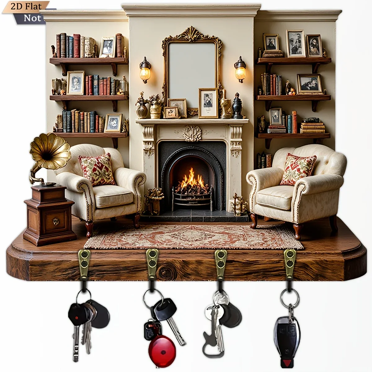 2D Flat, 1pc, Vintage Steam Train Shaped Key Hook Wooden Multifunctional Home Key Holder with Four Metal Hooks, Wall