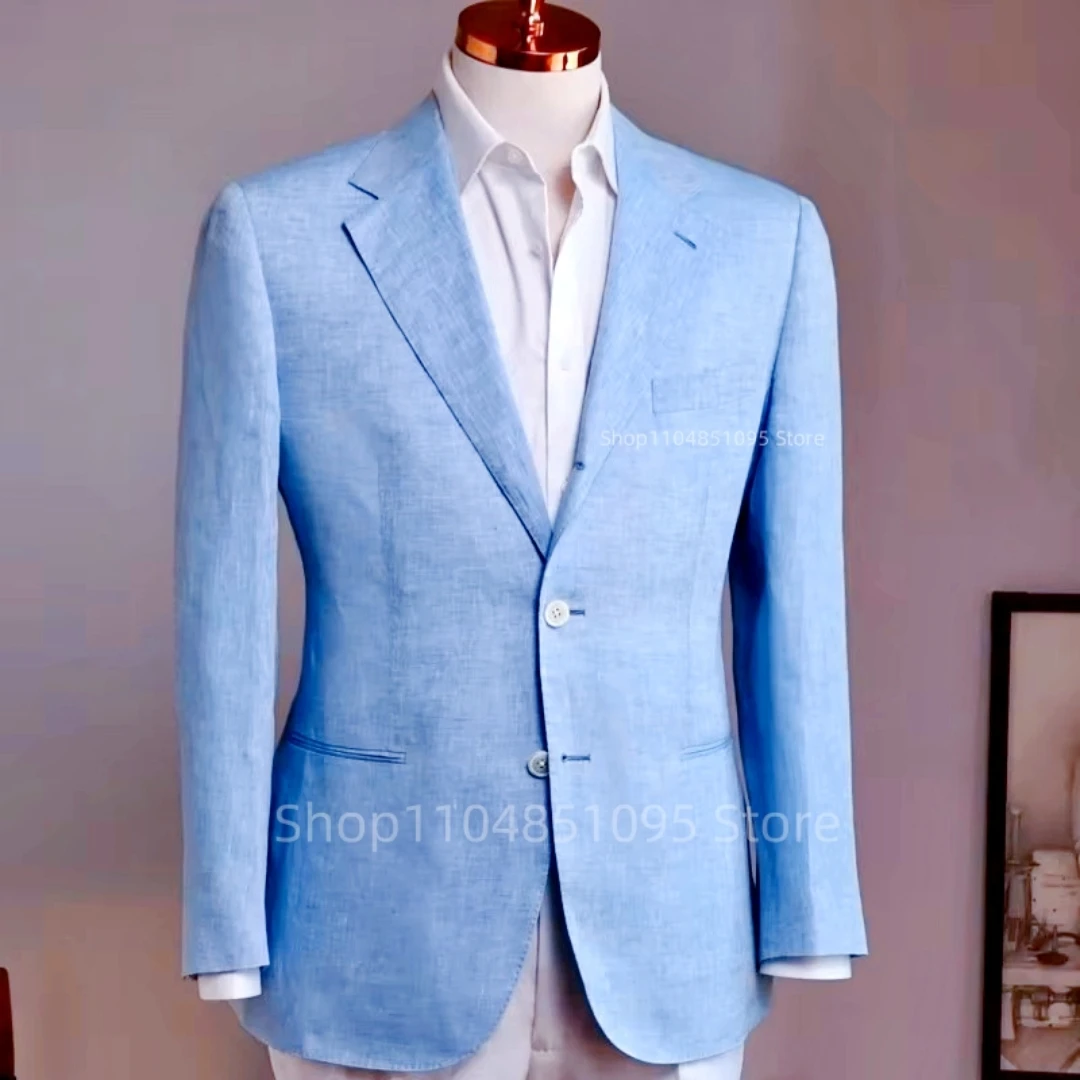

(один блейзер) Летнее свадебное облегающее пальто для жениха, синие льняные мужские пиджаки, костюм для выпускного вечера, официальные деловые топы