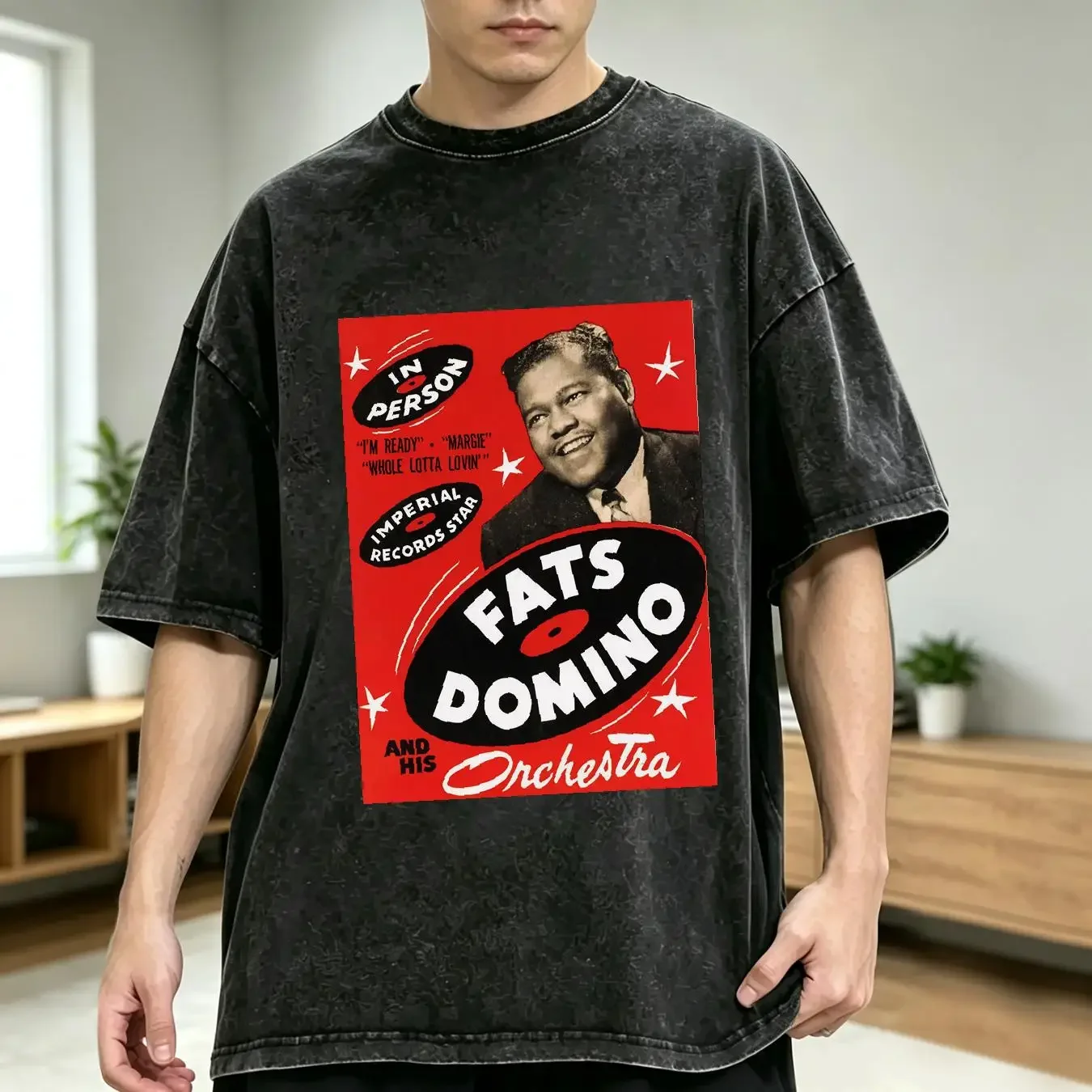 washed T Shirt Fats Domino and his Orchestra vintage Washed Soft Breathable streetwear graphic Stylish Casual Slightly