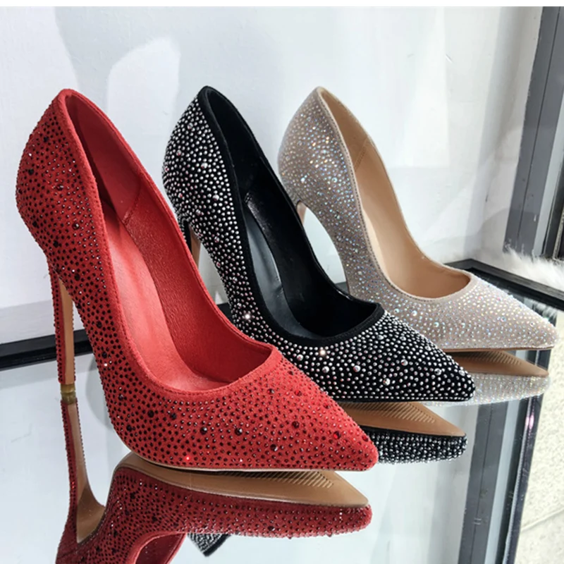 Onlymaker damskie czółenka 12CM szpiczasty nosek Rhinestone szpilki na cienkim wysokim obcasie modne buty damskie