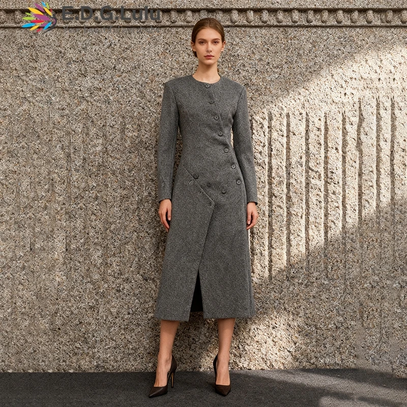 

EDGLuLu 2025 Winter Design Irregular Double Breasted Long Jacket Ladies Round Neck Long Sleeved Gray Long Coat 1111
