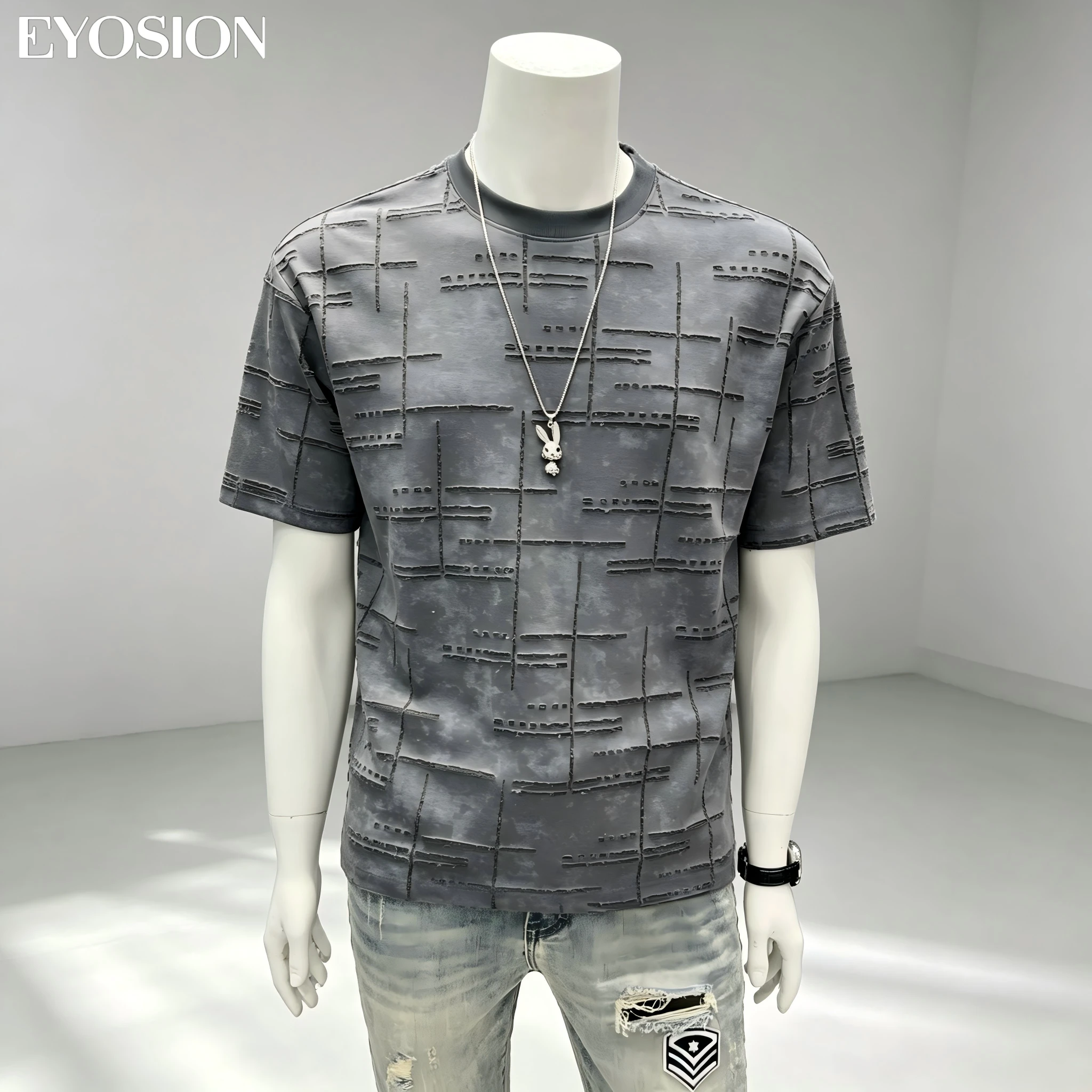 2026 Summer Men's Ice Silk Short Sleeve T-Shirt Ripped Dyeing Print Design High Quality Cotton Street Casual Slim Fit Top Tees