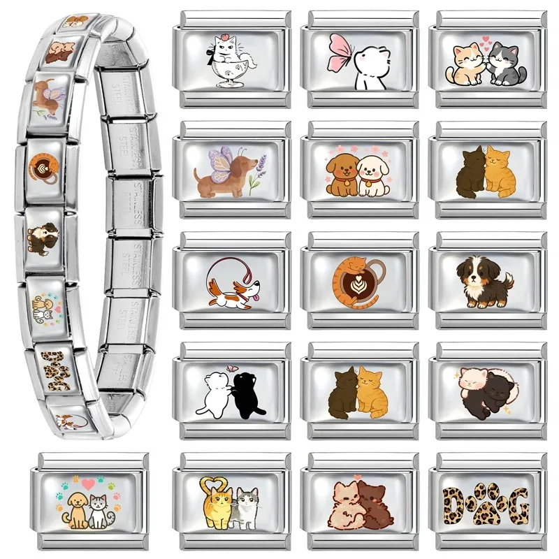 2026 Original Colored Hand-drawn Dogs Cats Animal Italian Charm Links Fit 9mm Stainless Steel Bracelet Men Women DIY Making Gift